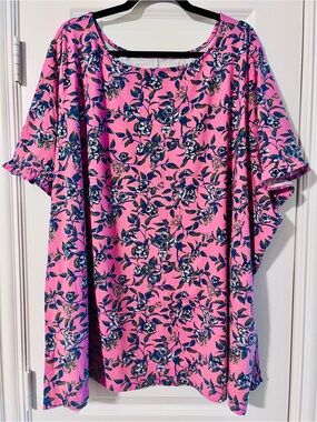 Pink Floral Blouse with Ruffle-Hem Sleeves